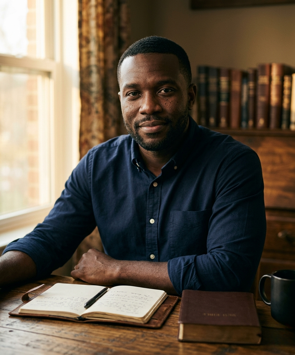 Chrétien francophone étudiant l'apologétique chrétienne à son bureau avec Bible et carnet — formation Raisonnons par Dr. Lesly Jules