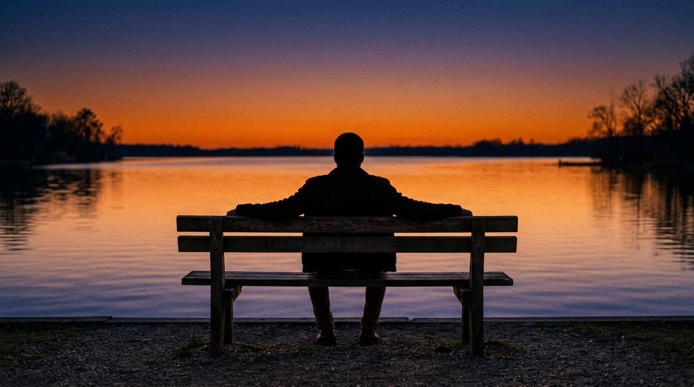 Homme contemplant le sens de la vie au coucher du soleil — réponse apologétique à la question de l'Ecclésiaste sur le sens et la souffrance