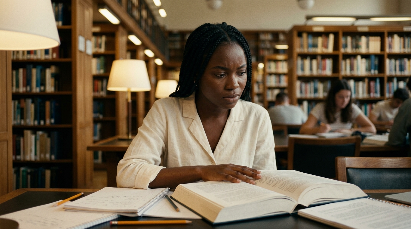 Femme chrétienne francophone réfléchissant aux questions difficiles sur la foi dans une bibliothèque universitaire